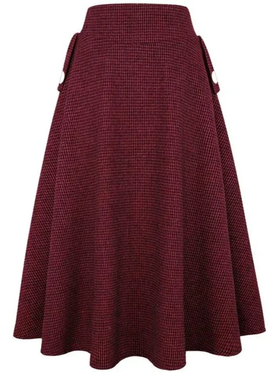 Women's Black & Wine Red Fall High Waisted Wool Plaid A-line Long Maxi Skirt - Picture 2 of 6